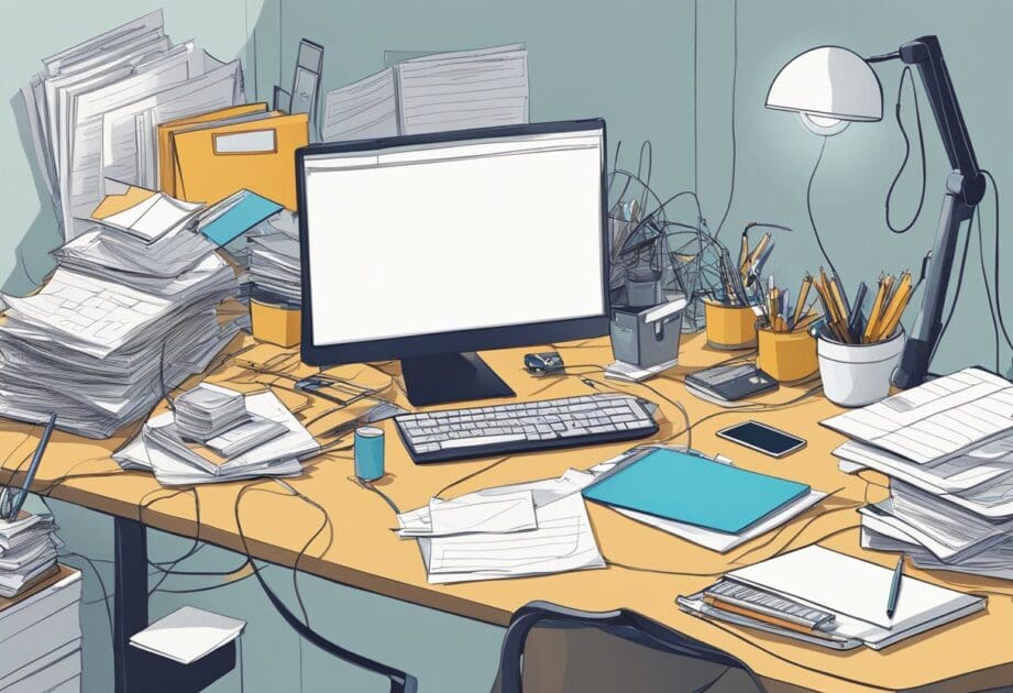 A cluttered desk with scattered papers, a tangled web of wires, and a jumble of office supplies. A clear, organized workspace nearby showcases simplicity and innovation