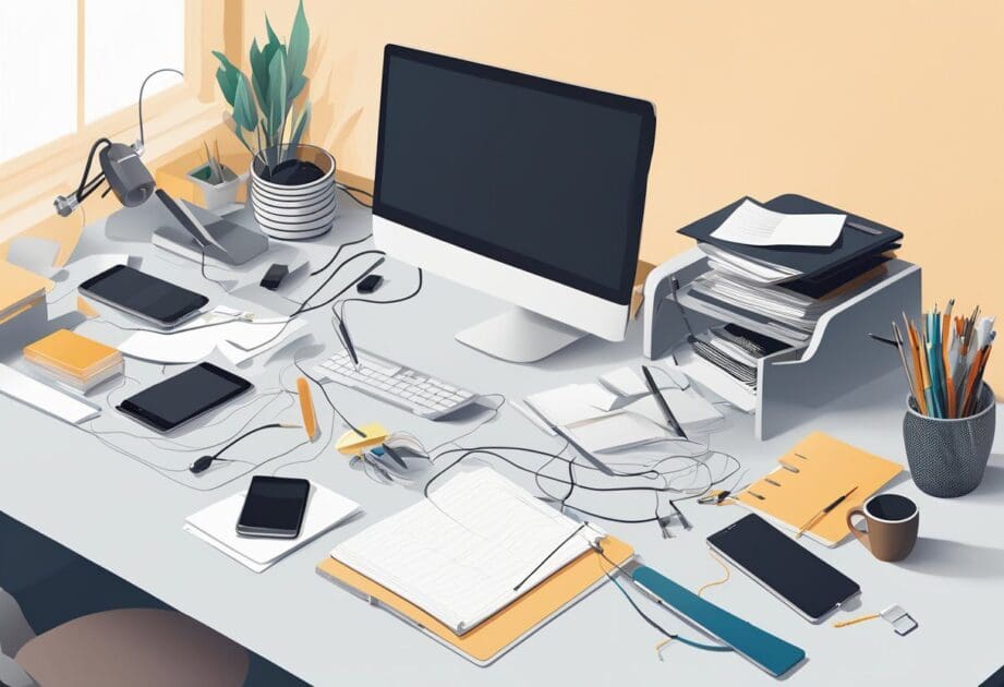 A cluttered desk with scattered papers and a tangled mess of wires, contrasted with a sleek, minimalist workspace with organized tools and a clear, uncluttered surface