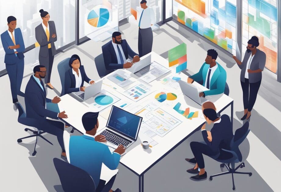 A group of business professionals brainstorming ideas in a modern office setting, surrounded by charts, graphs, and innovative technology