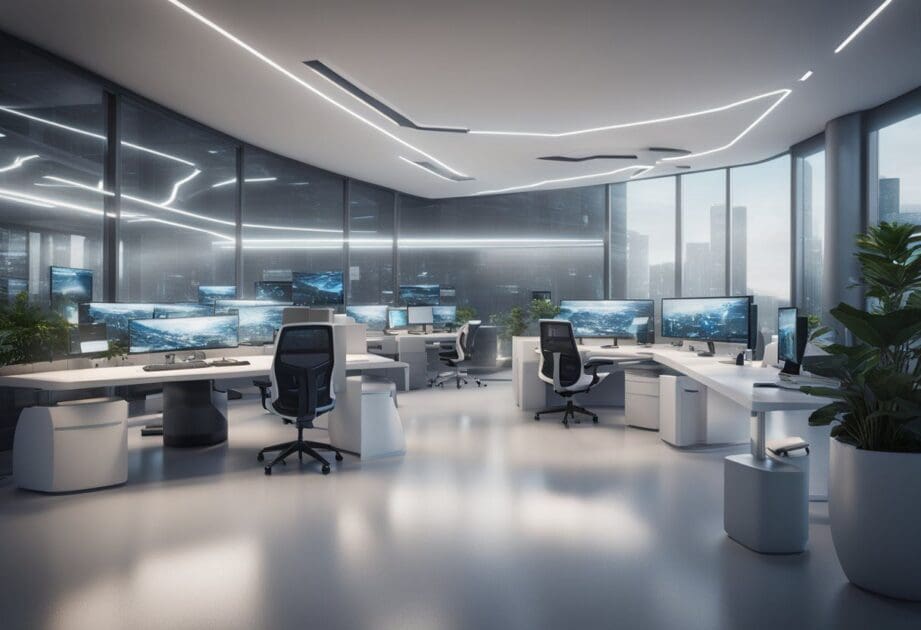 A futuristic office filled with advanced technology and robots, with a prominent display of the words "Estratégias Empresariais Frente à IA Adeus, Empregos Tradicionais: A Inteligência Artificial Assumiu o Cont