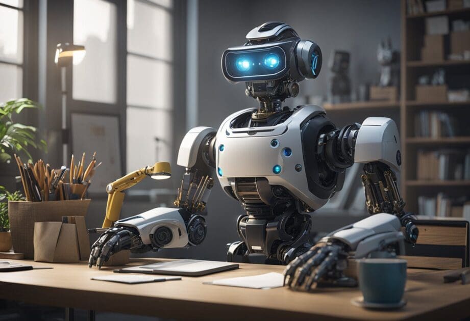 A robot with artificial intelligence sits at a desk, surrounded by traditional job-related items. The robot appears to be in control, with a confident and assertive posture