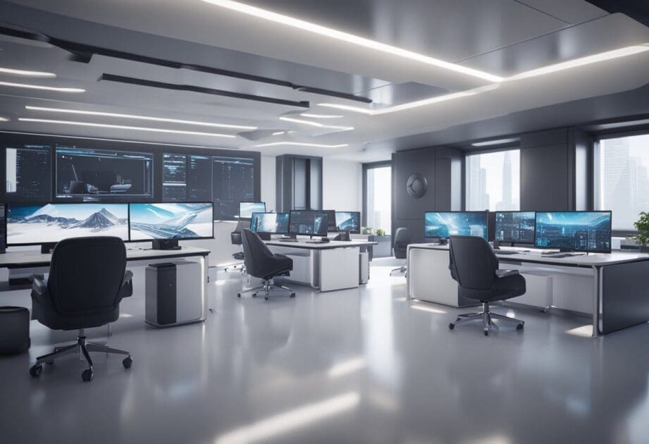 A futuristic office with robots working at computer stations, while a large AI system oversees the operations. The room is sleek and modern, with advanced technology integrated into every aspect of the workspace