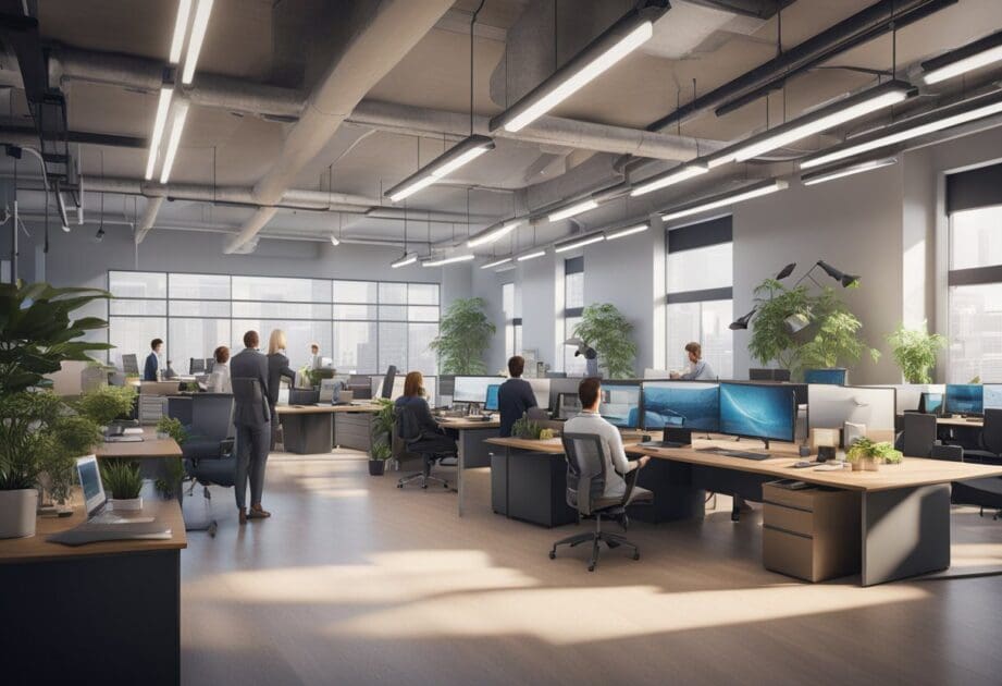 A cluttered office with outdated technology and frustrated employees. A bright, modern digital transformation plan is displayed on a wall, contrasting the outdated surroundings