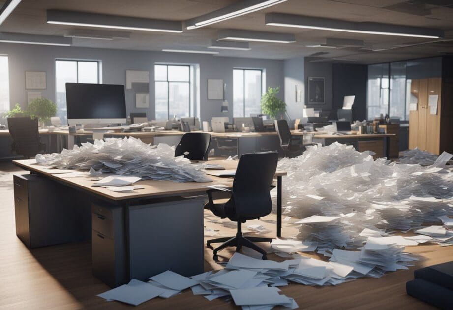 A chaotic office setting with scattered papers, frustrated employees, and malfunctioning technology. The atmosphere is tense, with a sense of urgency and confusion