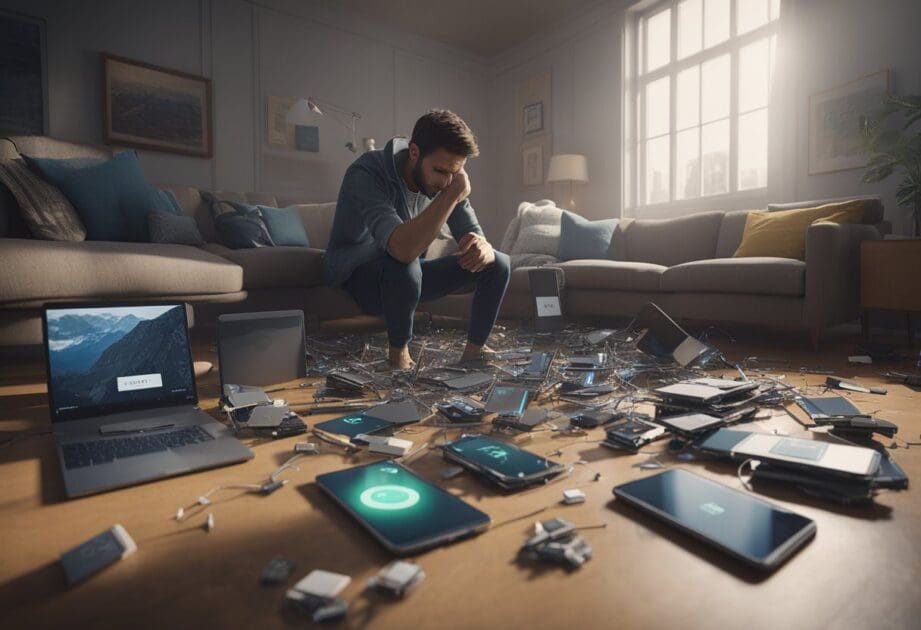 A frustrated person surrounded by broken digital devices, while a compass points in the wrong direction