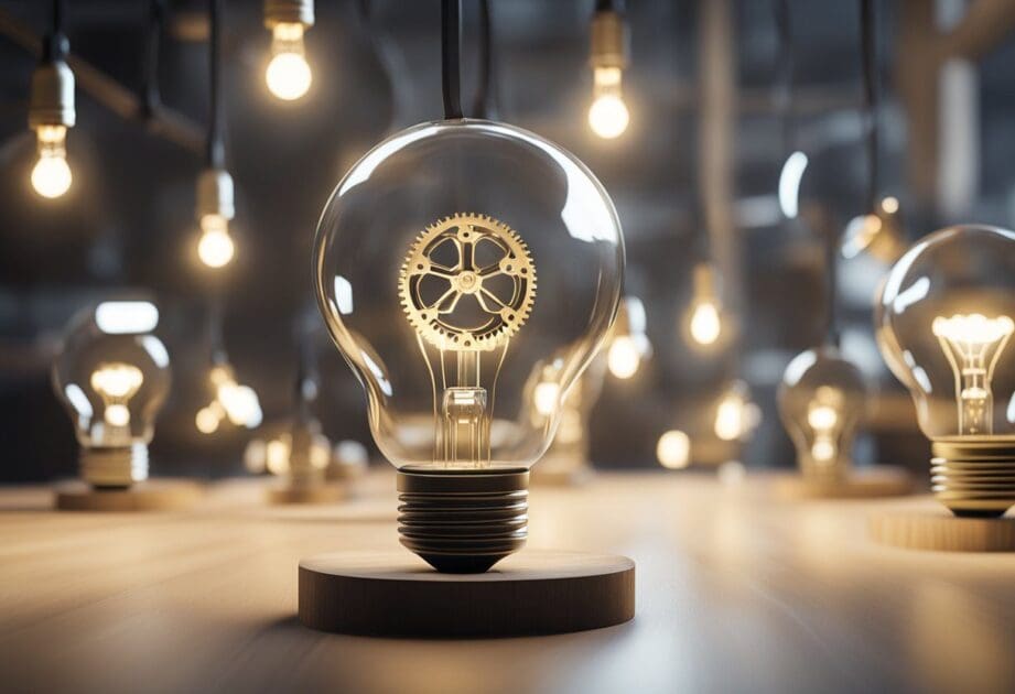 A brainstorming session with lightbulbs and gears symbolizing simple and innovative ideas