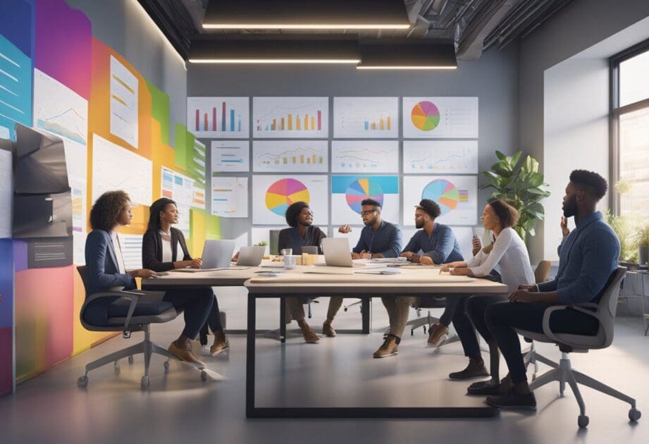 A group of diverse professionals brainstorming in a modern office setting, with colorful charts and graphs displayed on the walls. A collaborative and creative atmosphere is evident as they work together to generate innovative ideas