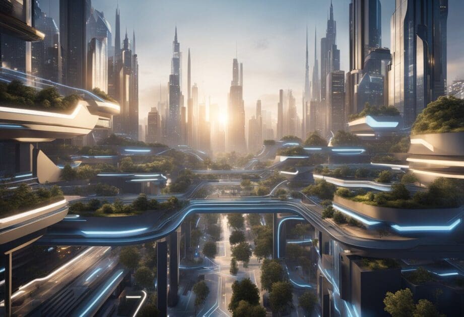 A futuristic cityscape with interconnected digital devices and data streams, symbolizing innovation and digital transformation