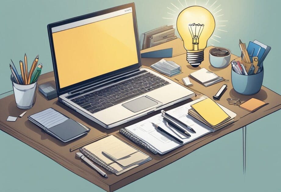 A cluttered desk with scattered papers, a laptop, and various office supplies. A lightbulb illuminates above, symbolizing a moment of clarity and innovation