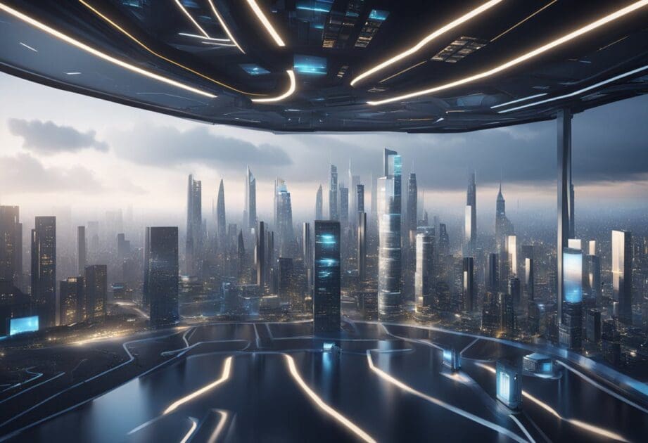 A futuristic city skyline with digital screens and technology integrated into the architecture, representing innovation and digitalization