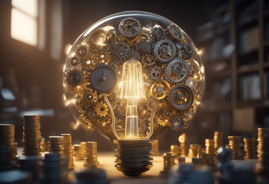 A bright light bulb shining above a pile of hidden knowledge, surrounded by gears and cogs symbolizing innovation