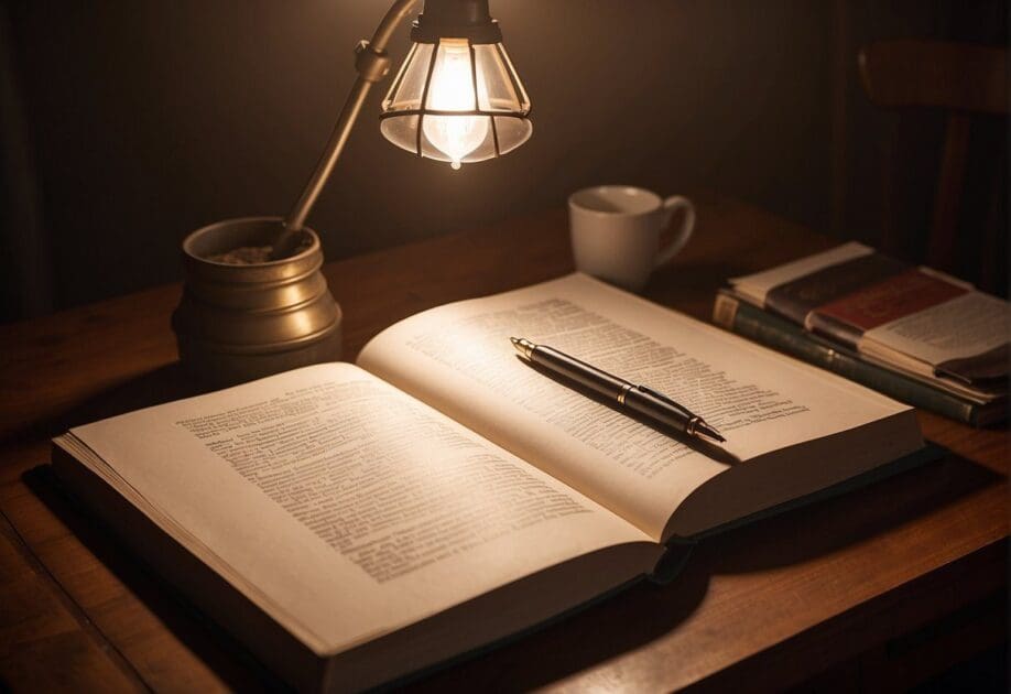 A table with 12 fundamental principles of innovation. Bright light illuminates the room, casting long shadows. Books and papers are scattered around, with a pen lying on top of the open book