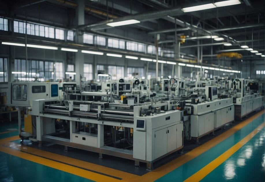 A factory floor with efficient machinery and organized resources, displaying the 12 Immutable Laws of Innovation in the background