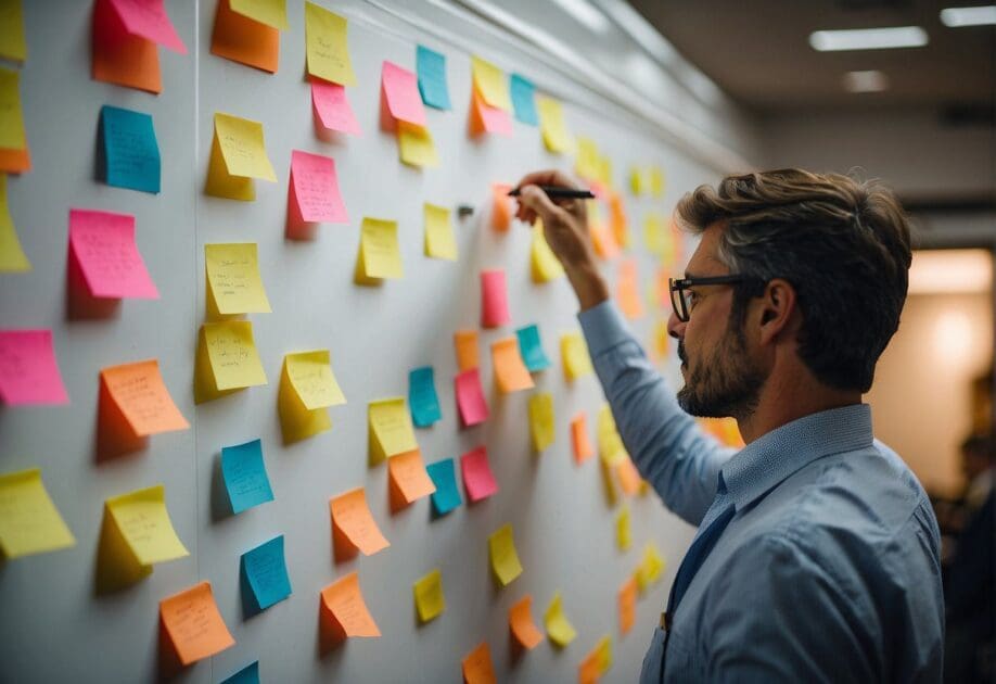 A person sketching a business model on a whiteboard, surrounded by post-it notes and brainstorming tools