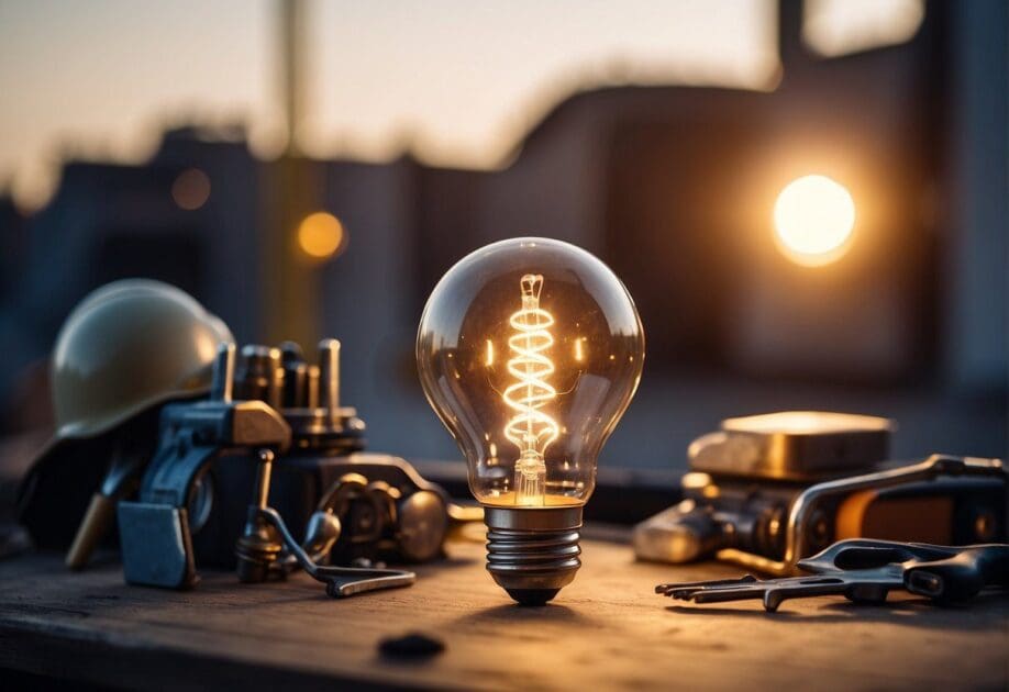 A lightbulb illuminating a small budget symbol, surrounded by various tools and creative materials, with a building under construction in the background