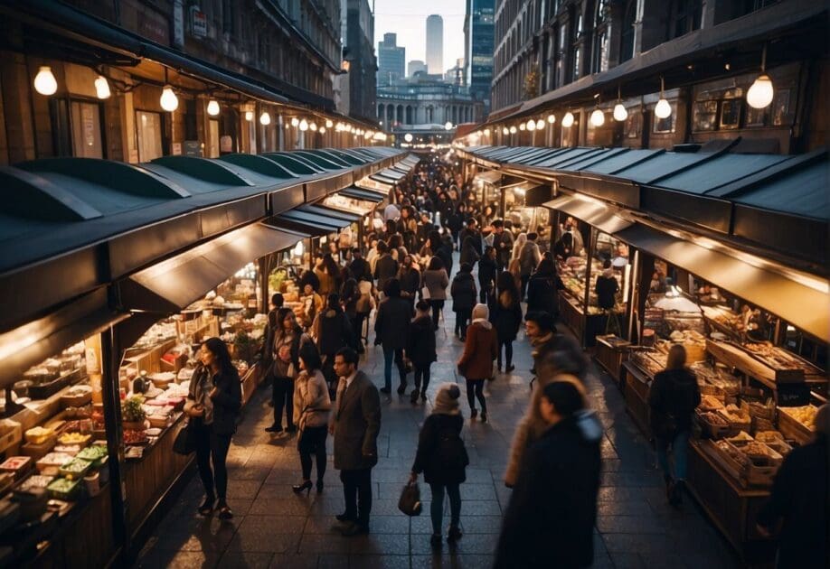 A bustling marketplace with diverse vendors selling innovative products. Customers eagerly explore the various stalls, while entrepreneurs discuss expansion strategies