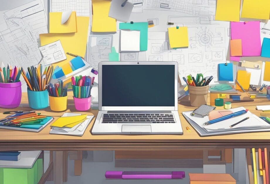 A table filled with various tools for analysis and ideation, including pens, markers, sticky notes, and a whiteboard, creating a vibrant and creative workspace