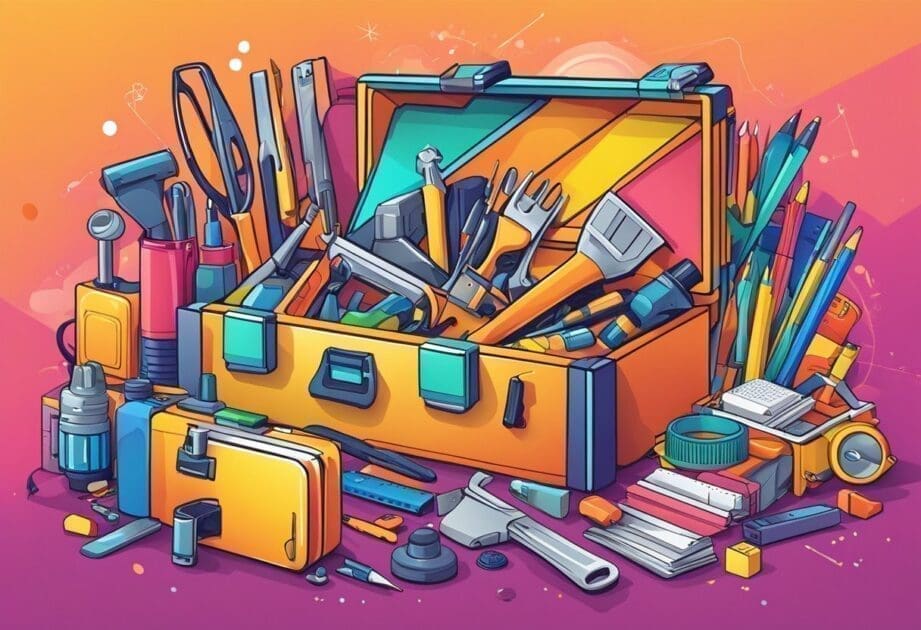 A colorful toolbox overflowing with various design thinking tools and materials arranged on a vibrant, dynamic background