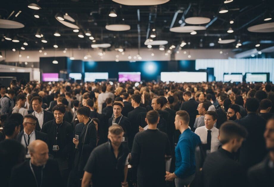 A bustling tech event showcasing innovative products and services, inspired by the techniques of Elon Musk and Steve Jobs