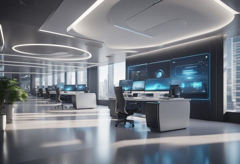 A futuristic office setting with AI tools displayed on a digital screen, surrounded by modern technology and a sleek, professional atmosphere