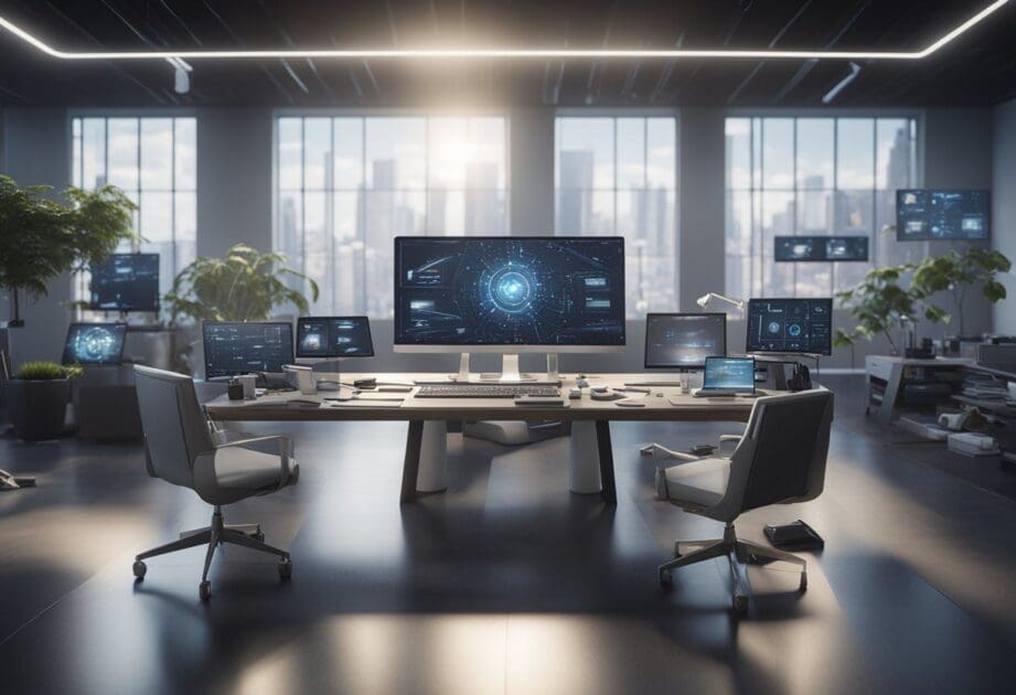 A table with 10 different tools labeled with "Artificial Intelligence" logos, surrounded by a futuristic office setting with computer screens and technology equipment