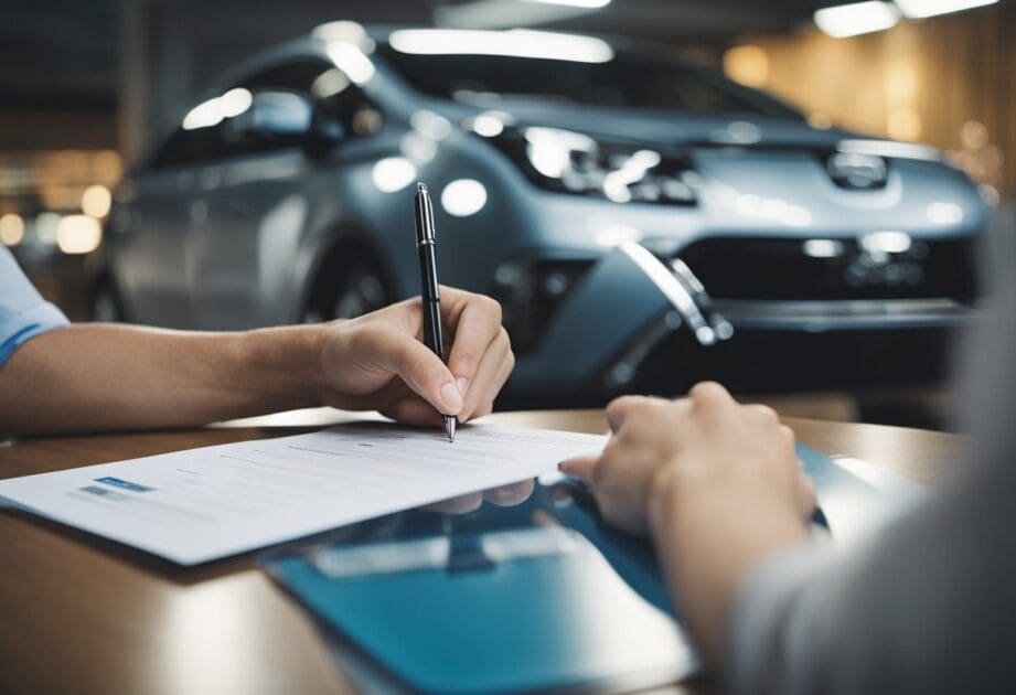 A person signing a BYD car lease with GoDrive, surrounded by FAQs