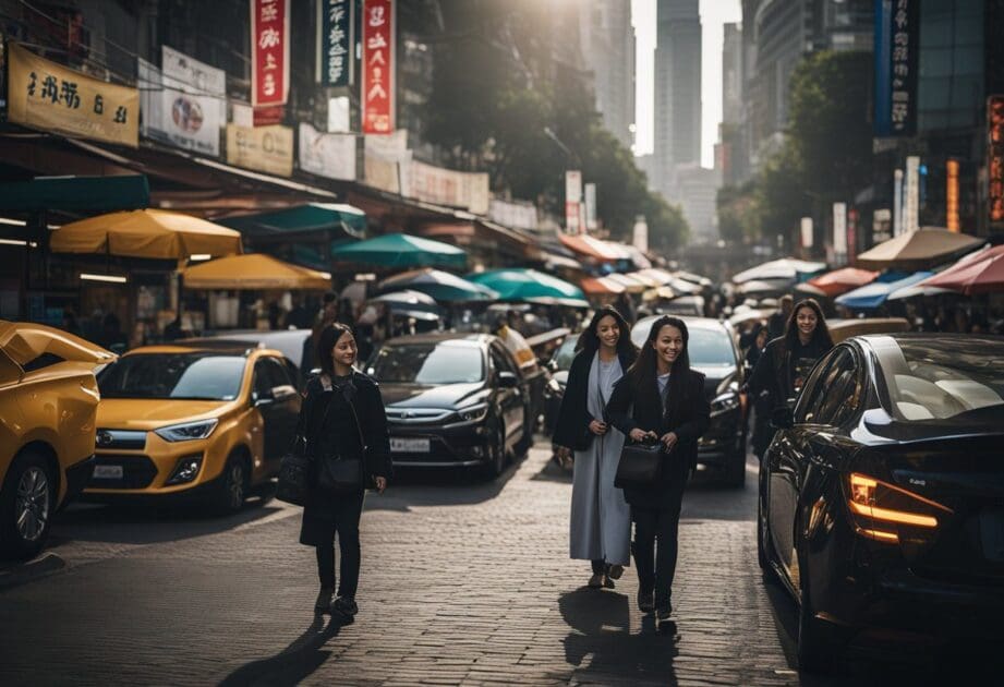 A bustling market with various car options. A clear pathway leads to a BYD car, emphasizing its accessibility