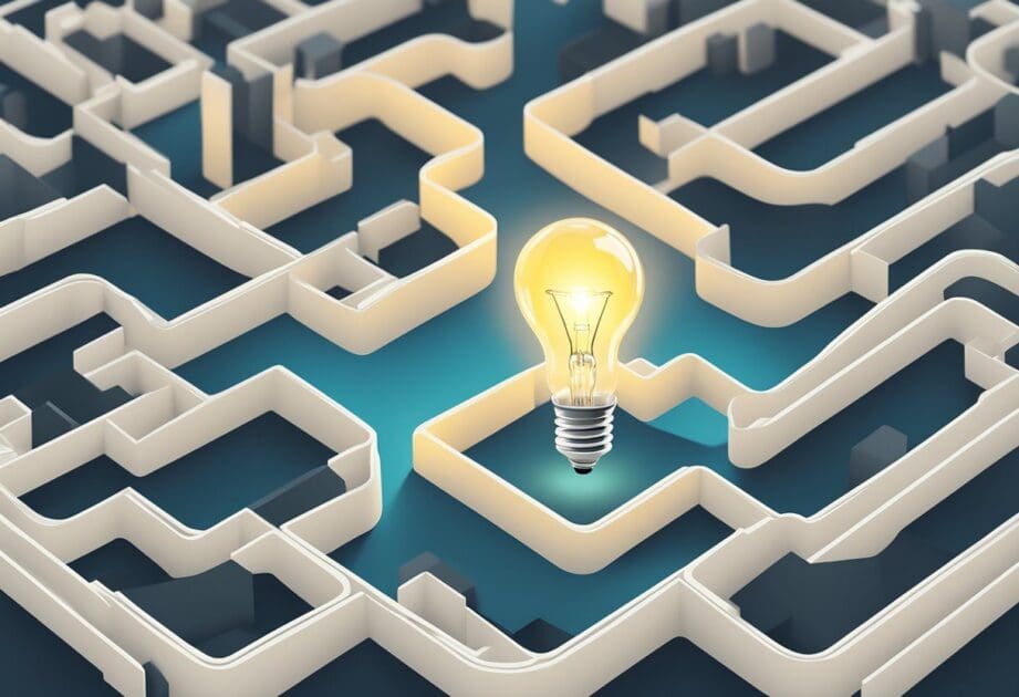 A lightbulb illuminates a path through a maze of complex ideas, leading to a simple, innovative solution