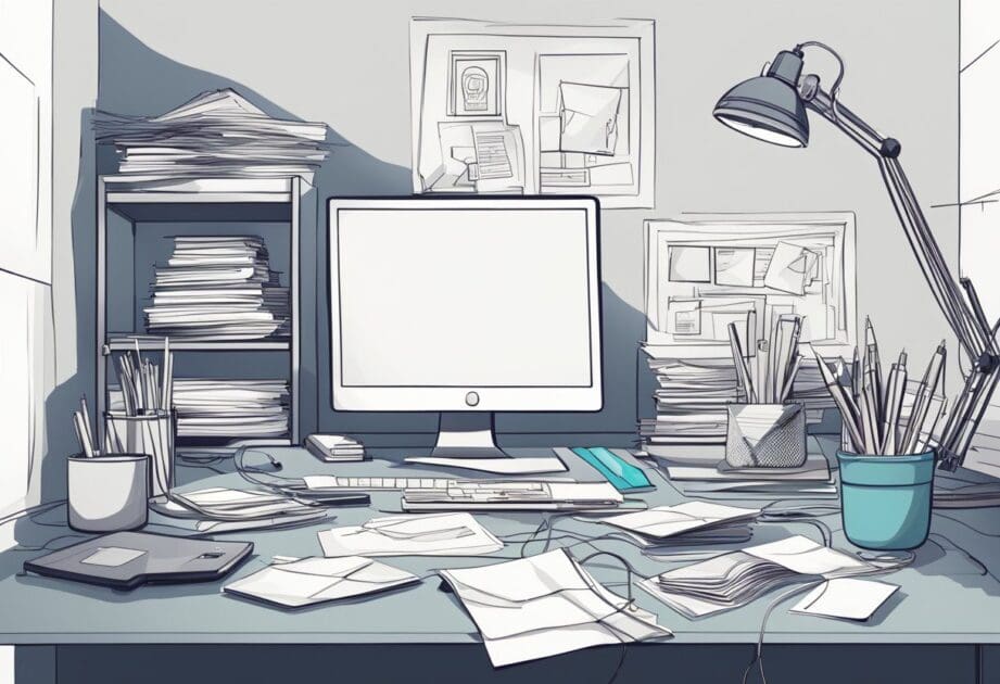 A cluttered desk with scattered papers and a tangled mess of wires, contrasted with a clean, organized workspace with minimalistic decor and streamlined technology