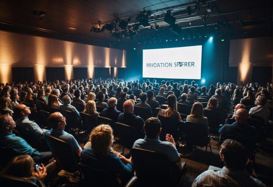 A crowded conference room with a stage and projector. Audience members eagerly raising hands to ask questions. A banner with the words "Innovation Speaker Series" hangs behind the stage