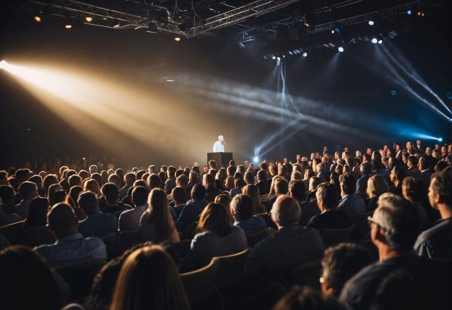 A diverse audience listens intently to a dynamic speaker on a stage, surrounded by inspiring visuals and innovative technology