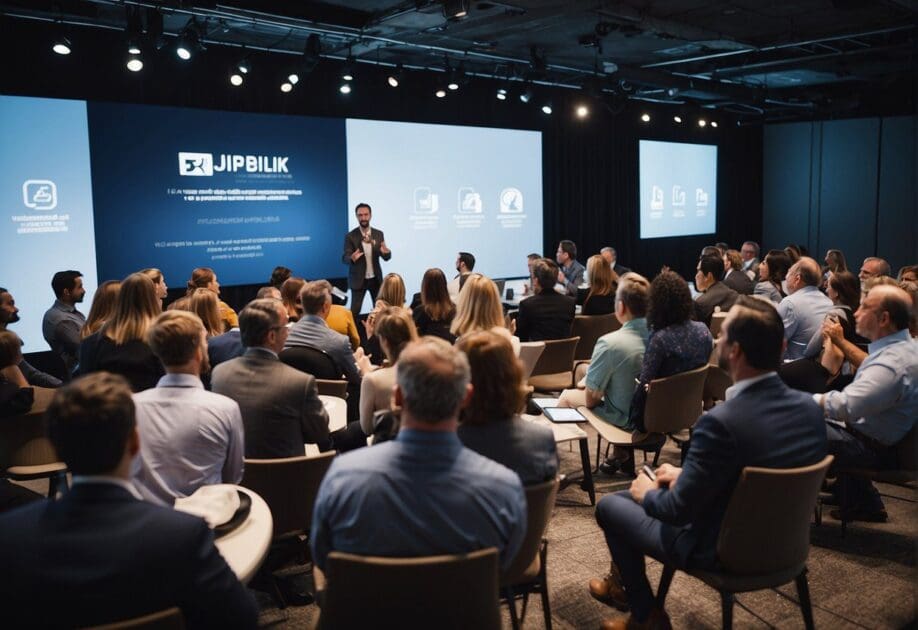 Attendees engaging in a lively discussion at an innovation conference. A speaker presents to a group of investors, while others network and exchange ideas