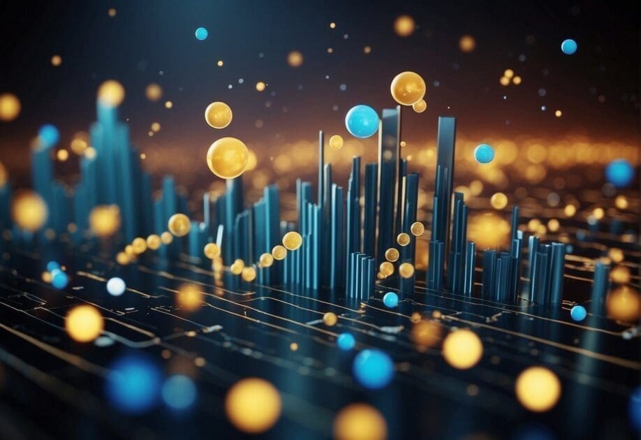 A graph showing economic fluctuations with a question mark above it, surrounded by floating bubbles of various sizes