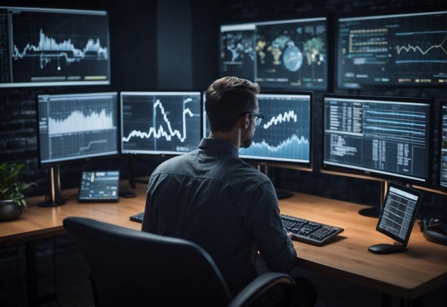 An AI engineer designing algorithms and business models, surrounded by computer screens and data charts