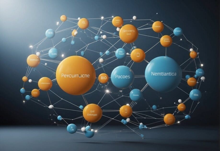 A diagram showing interconnected nodes representing different departments and functions within an organization, with AI models and technologies integrated throughout