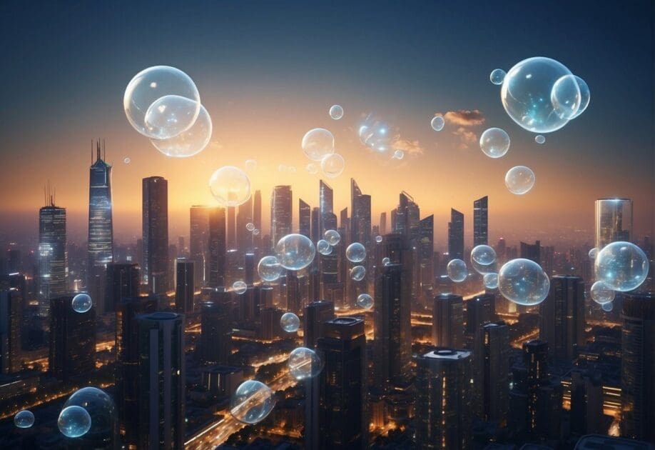 A futuristic city skyline with AI bubbles floating above buildings, representing the potential of artificial intelligence in the market