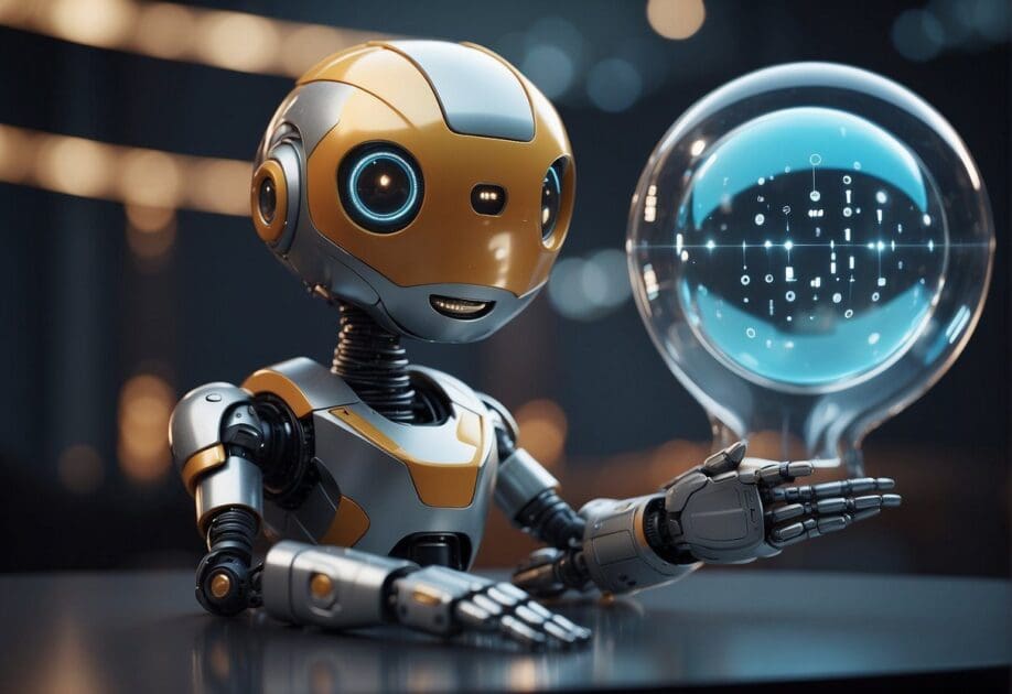 A futuristic robot contemplates a floating bubble with question marks, symbolizing the debate over AI's potential