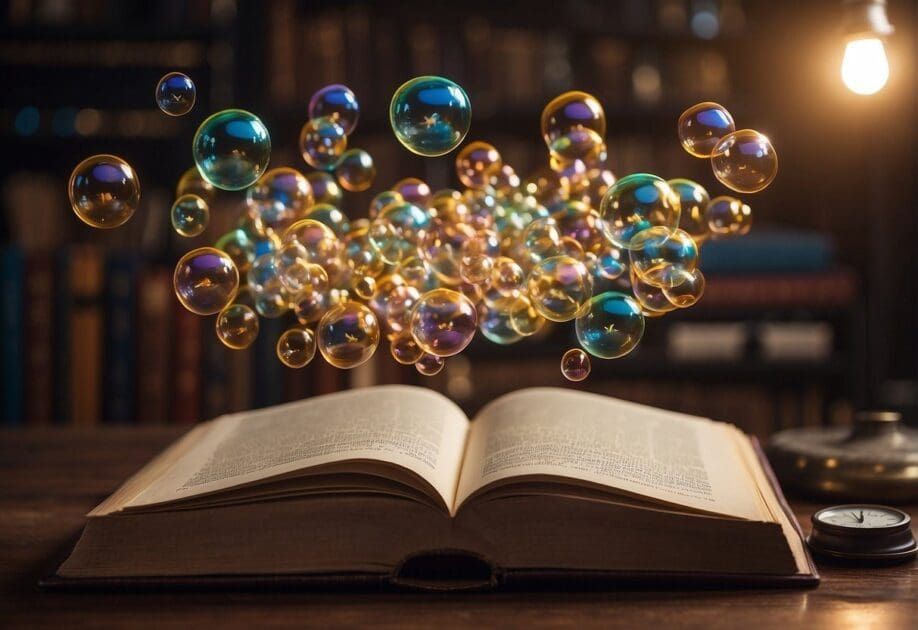 Historical bubbles floating above a book with AI written on it, surrounded by question marks and lightbulbs