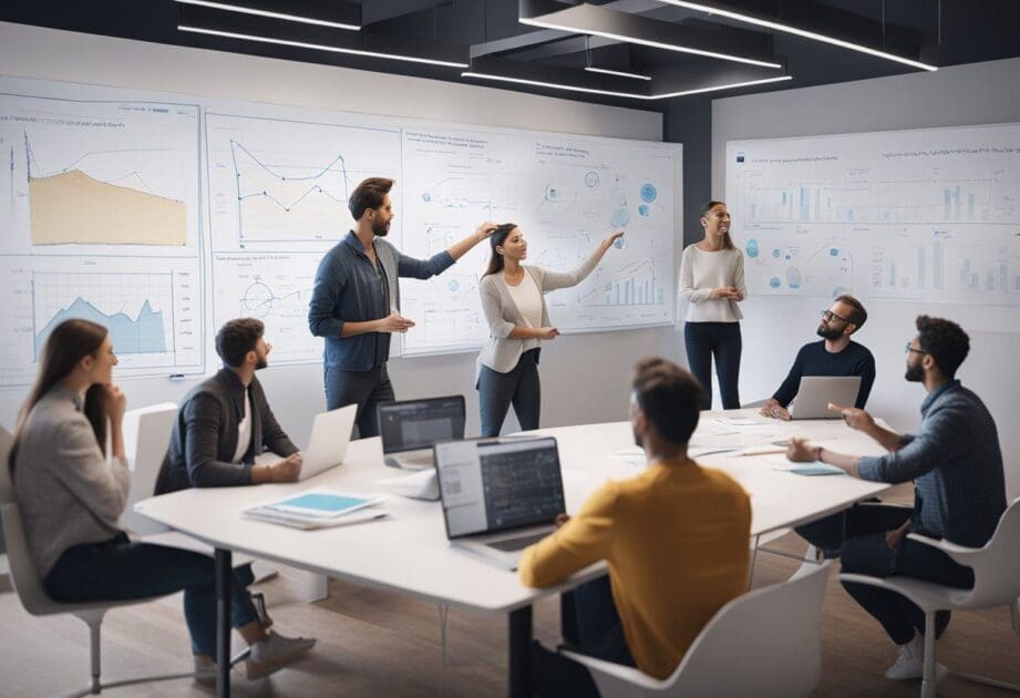 A group of people brainstorming and sketching ideas on a whiteboard, surrounded by charts and graphs, while discussing product and service development