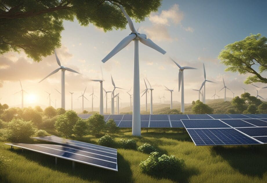 A lush green landscape with wind turbines and solar panels, showcasing sustainable innovation