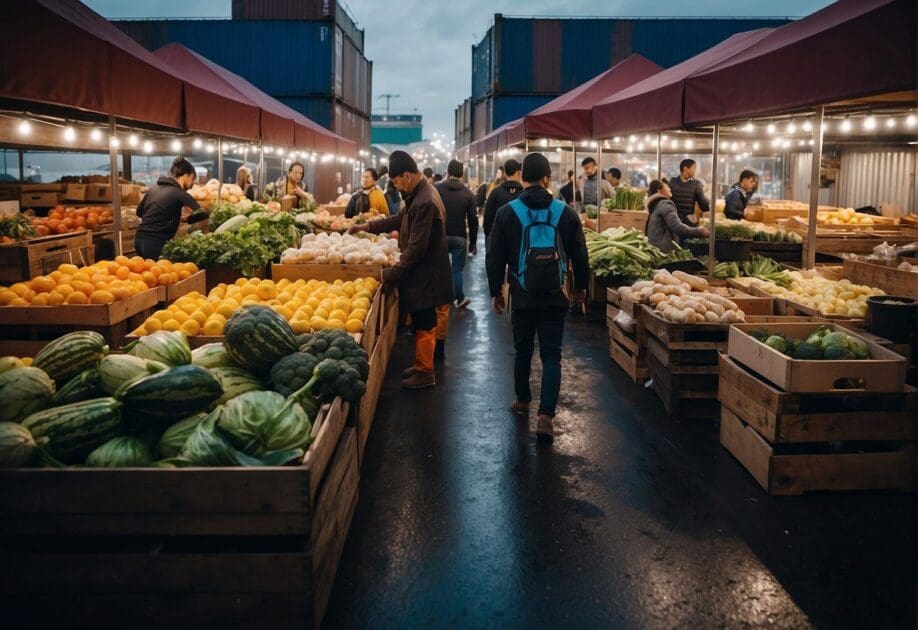 A bustling marketplace with diverse produce, shipping containers, and security measures. The scene conveys innovation and growth in agriculture