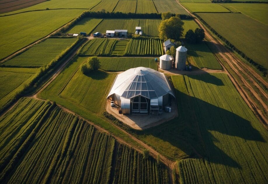 A modern farm with advanced technology and sustainable practices. Machinery and drones working alongside fields of crops