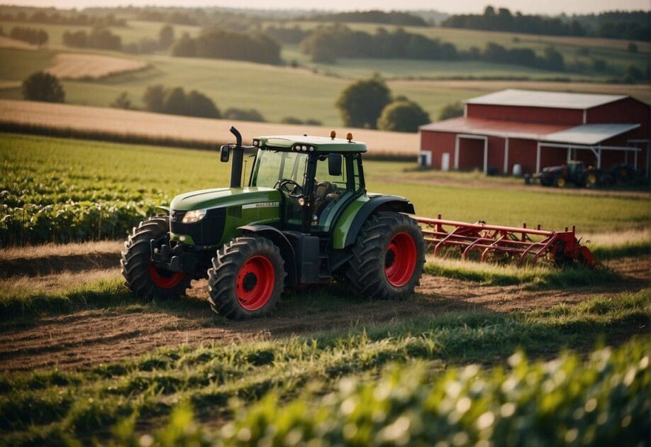 A rustic farm with modern technology, surrounded by green fields and innovative machinery