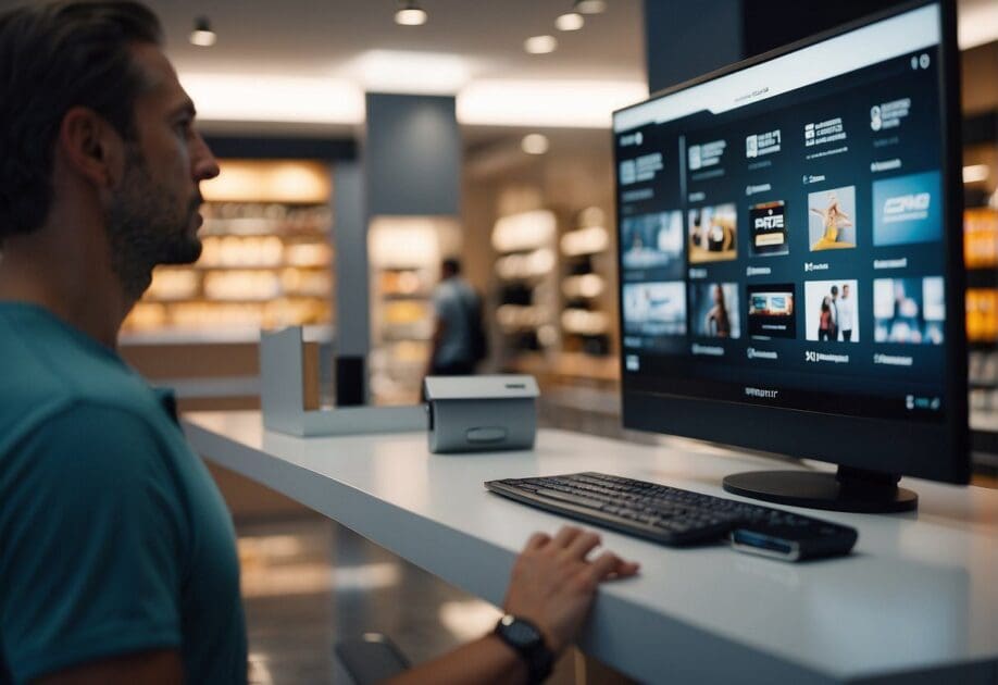 A customer browsing products in a modern retail store, interacting with digital displays and personalized recommendations