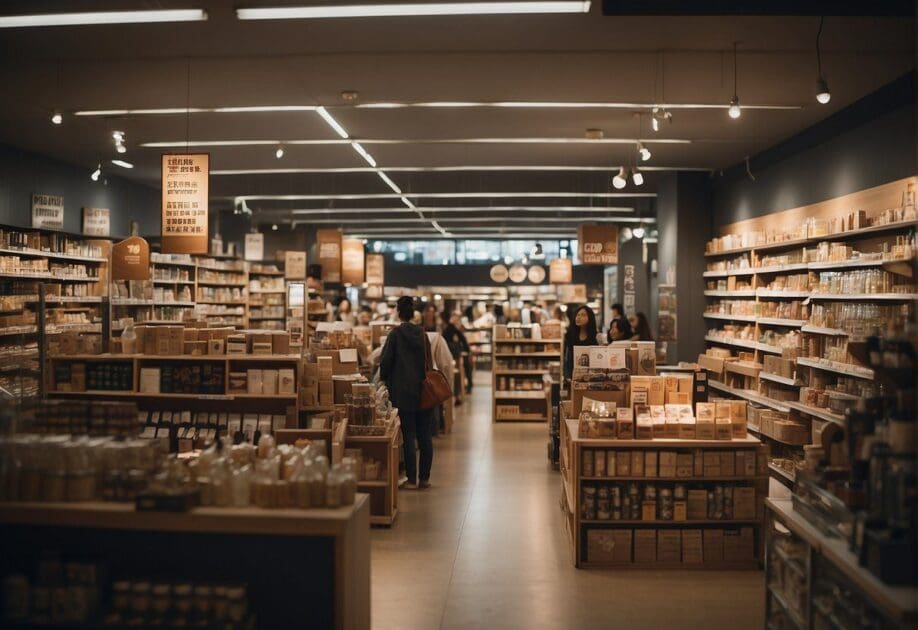 A busy retail store with customers browsing shelves, a innovative product display, and a sign asking "Como inovar no varejo?"