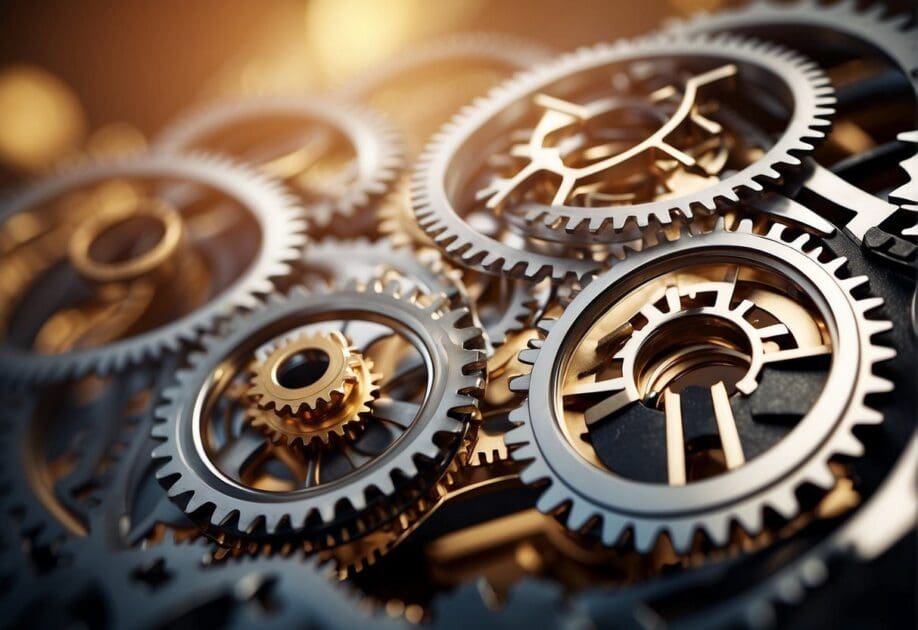 A group of interconnected gears and cogs symbolizing continuous adaptation and transformation, representing the concept of creating an exponential company