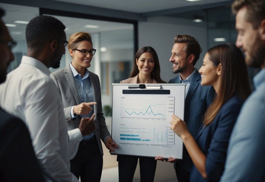 A group of people gather around a whiteboard, brainstorming ideas and discussing strategies for creating an exponential company. Charts and diagrams are visible, indicating a collaborative and innovative environment