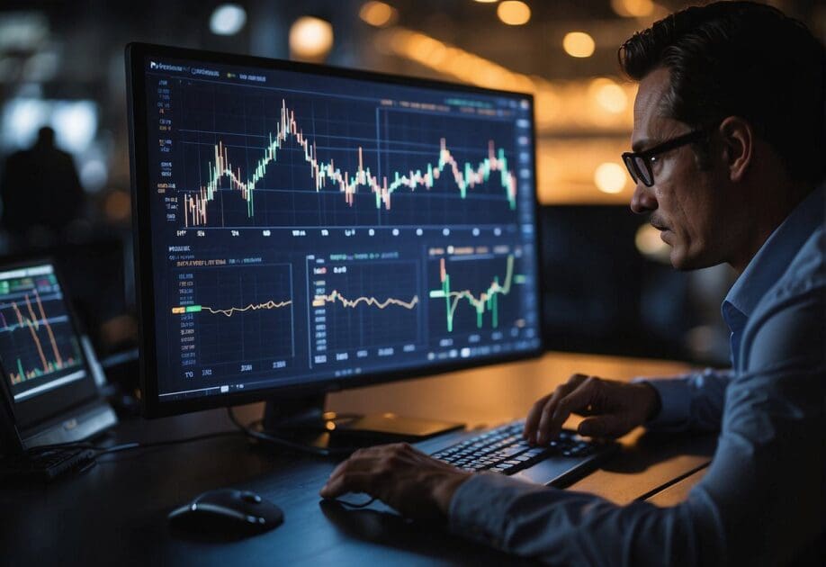 A person analyzing market data on a computer screen, with various cryptocurrency charts and graphs displayed, pondering the potential investment in cryptocurrencies in 2024