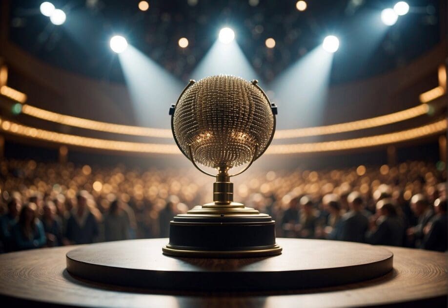 A stage with a spotlight on a podium, surrounded by a large audience. A banner with the words "Innovation Recognition and Awards" hangs in the background