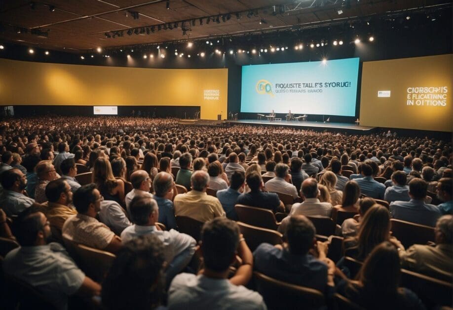 A crowded conference hall with a banner reading "Frequently Asked Questions Porque Gustavo Caetano é o Palestrante mais Procurado do Brasil em Inovação?" on stage. Audience members engaged and attentive